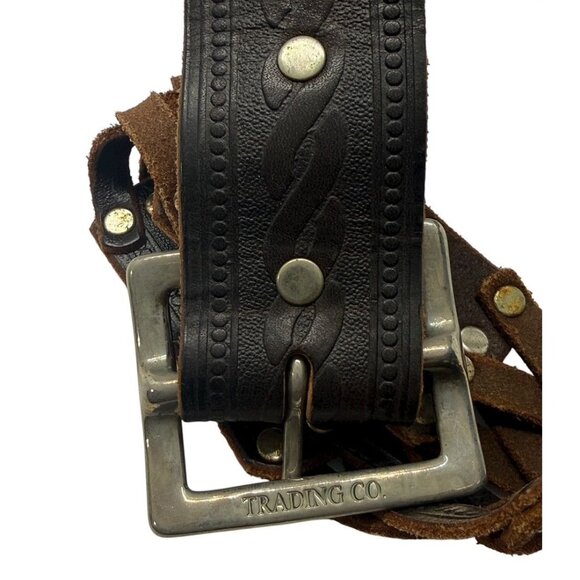 Hollywood Trading Co HTC Brown Leather Belt Studded Tooled Silver Buckle Size 34 - Picture 9 of 11